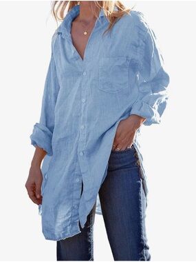 Light‎ Blue Linen Button-Up Tunic Top - Women